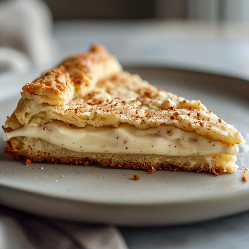 Close-up of a slice of Christmas eggnog shortcake cookie on a light grey ceramic plate.