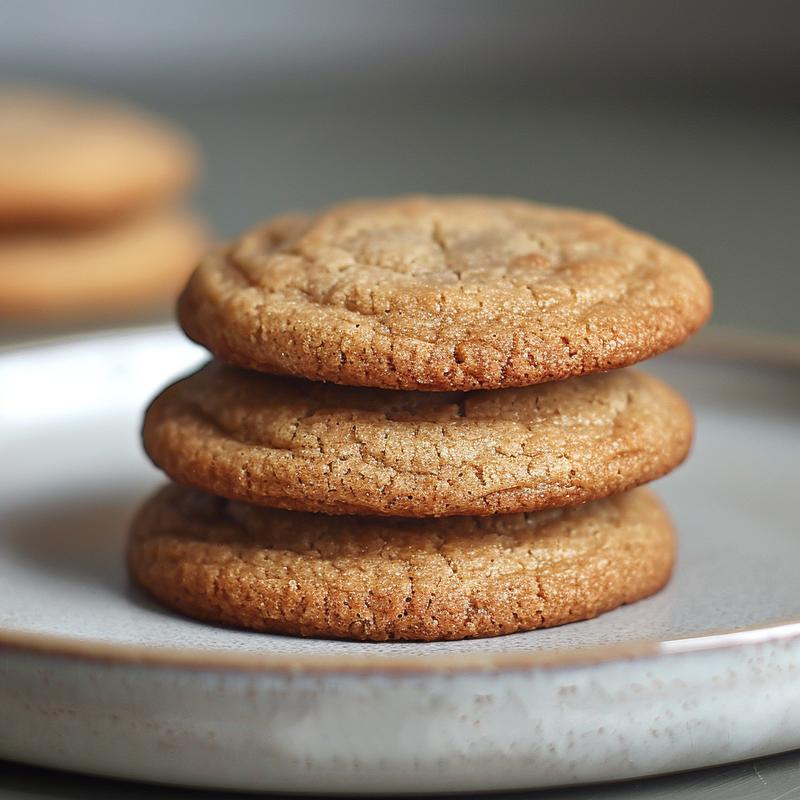 A close-up of three stacked eggnog cookies on a light grey ceramic plate.