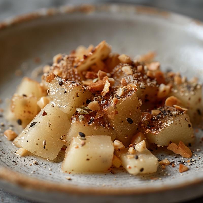 Close-up of a beautifully plated ckqajeoogpc on a light grey ceramic plate.