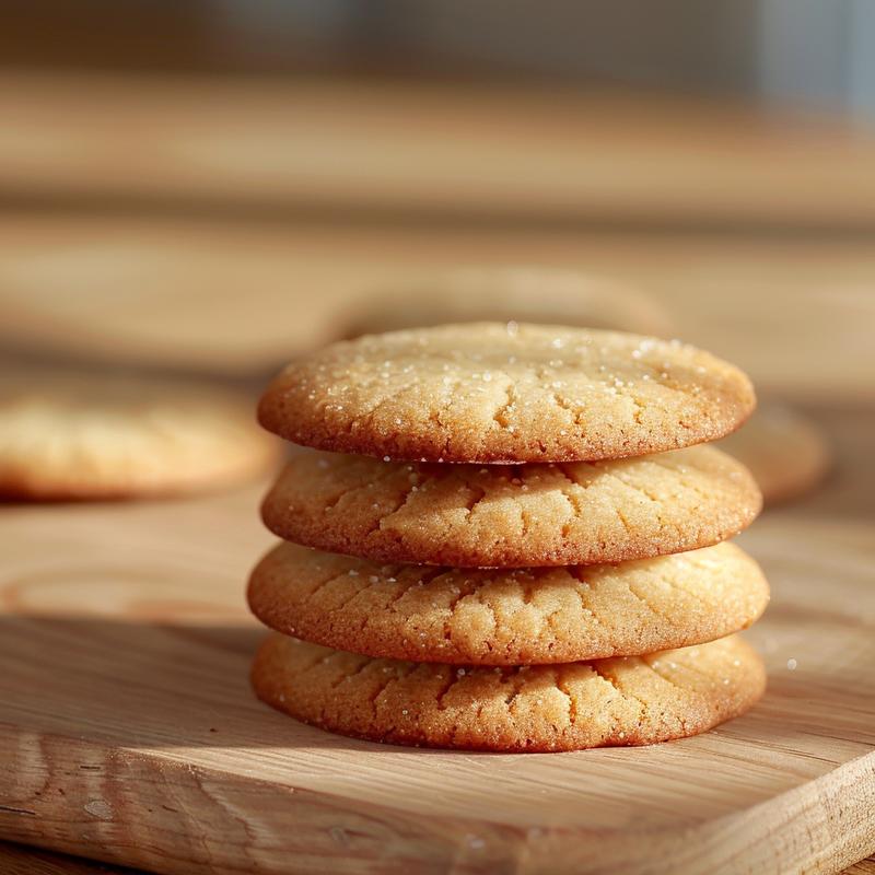 A close-up view of three freshly baked Christmas cookies stacked on a light wood board.