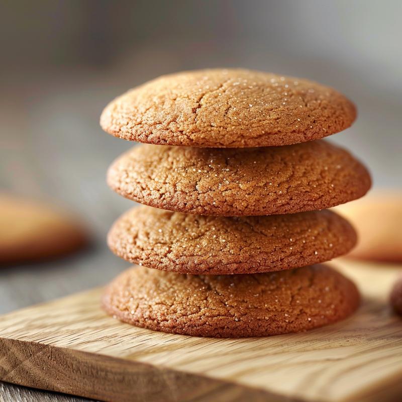 Close-up of three stacked gingerbread cookies on a light wooden surface, illuminated by natural light.