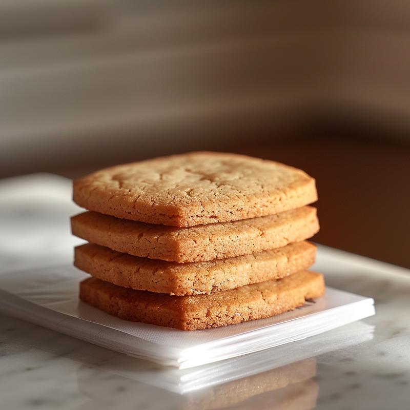 A close-up of three stacked cookie packaging on a white marble surface under natural light.
