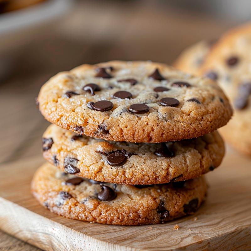 A close-up of three giant chewy keto chocolate chip cookies stacked on a light wood board.