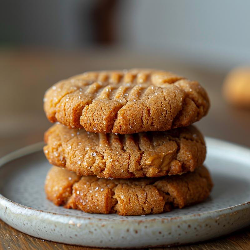 A close-up view of three keto peanut butter cookies stacked on a light grey ceramic plate.