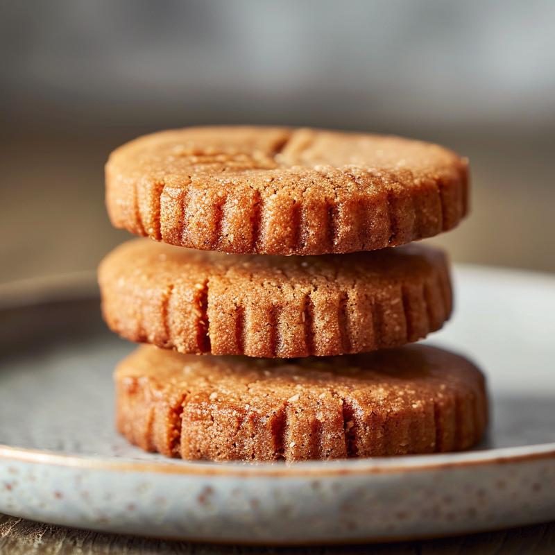 Three freshly baked keto coconut flour cookies stacked on a light grey ceramic plate.