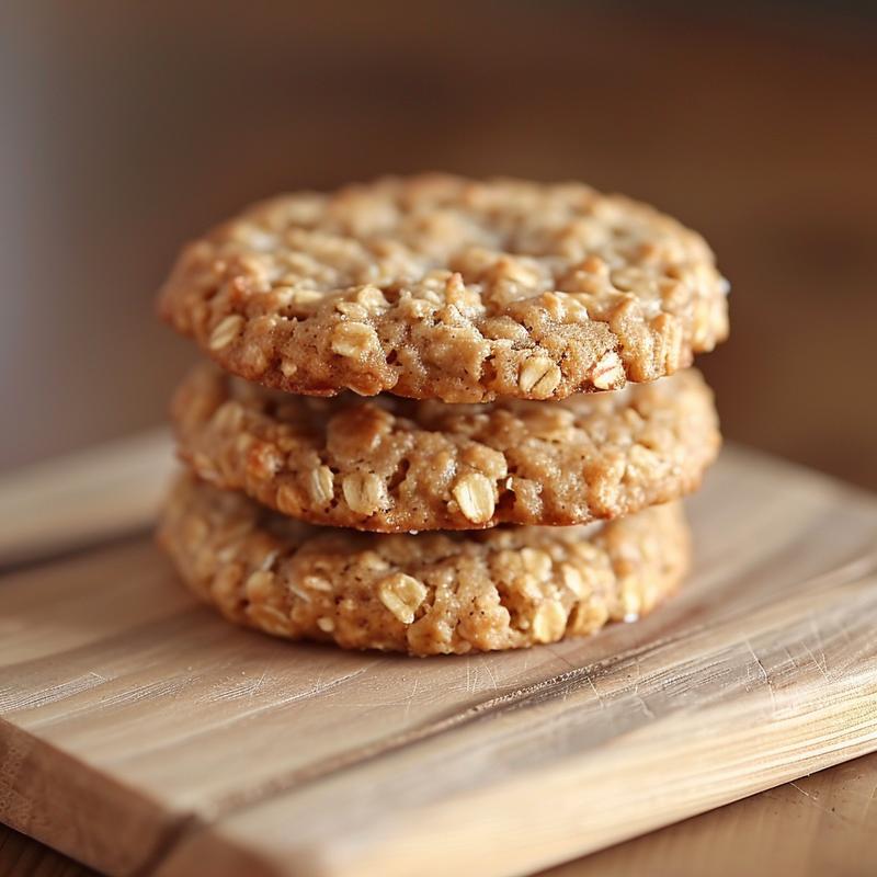 A close-up of three stacked healthy oatmeal cookies on a light wood board.
