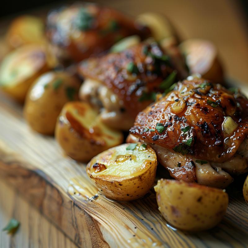 Close-up of golden garlic butter chicken and potatoes.