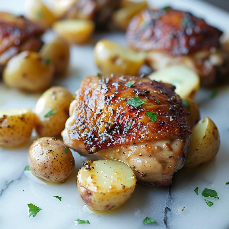 Close-up of garlic butter chicken and potatoes on a white surface.
