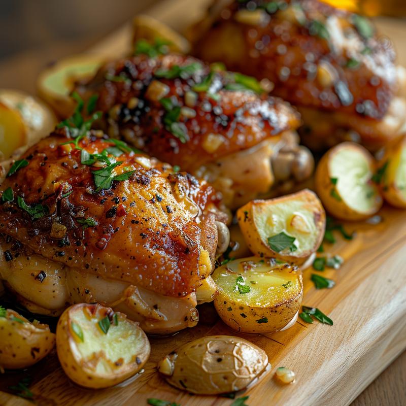 Close-up of garlic butter chicken and potatoes on a light wood board.
