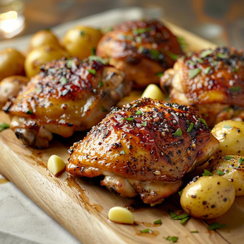 Close-up of garlic butter chicken and potatoes on a light wood board.