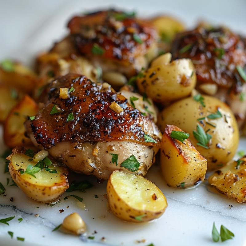 Close-up of glistening garlic butter chicken thighs and roasted potatoes.