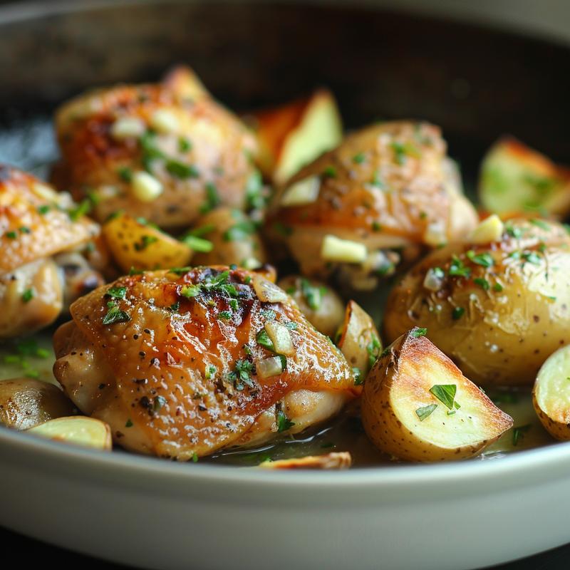 Close-up of garlic butter chicken and potatoes on a light grey plate.