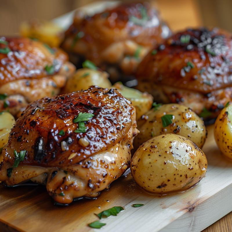 Close-up of garlic butter chicken and potatoes on a wooden board.
