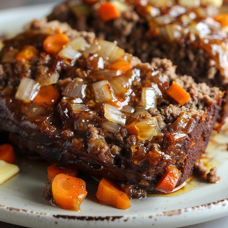 Close-up of a slice of veggie meatloaf on a grey plate.