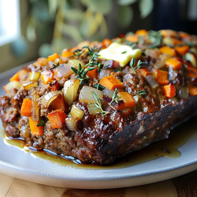 Close-up of veggie meatloaf slice on a grey plate.
