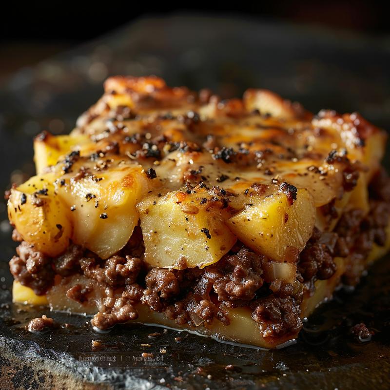 Close-up of cheesy ground beef and potatoes on a dark surface.