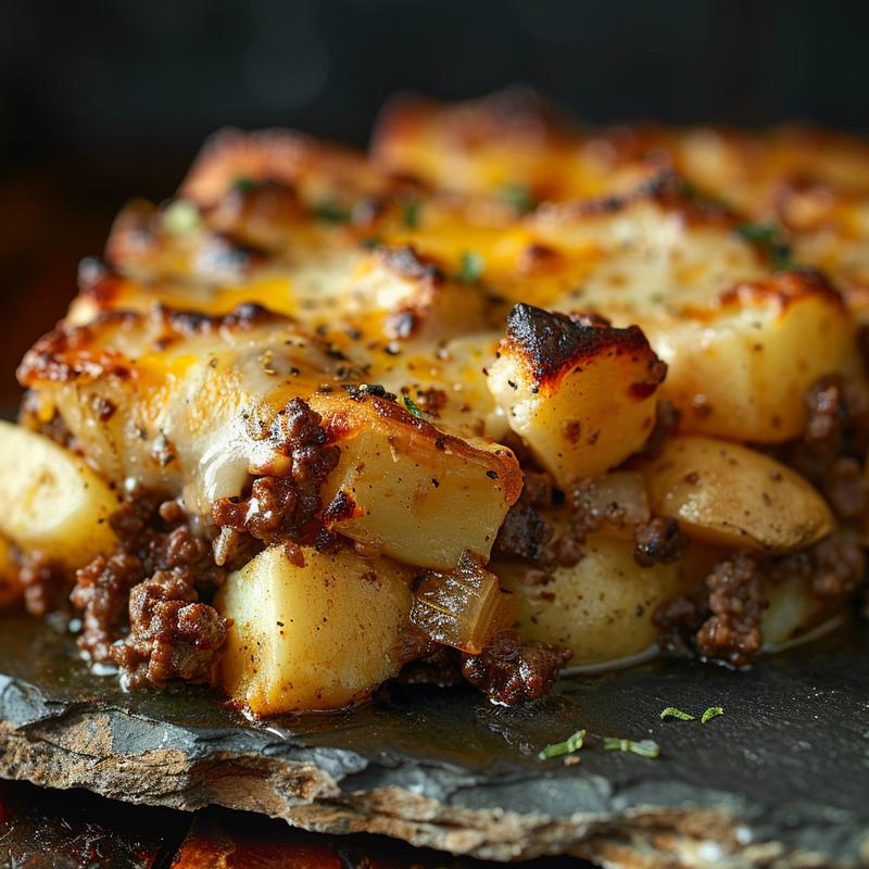 Close-up of cheesy ground beef and potatoes on a slate plate.