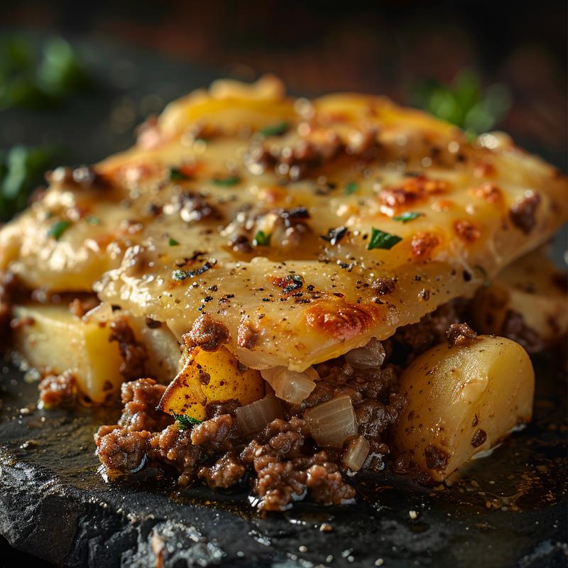 Close-up of cheesy ground beef and potatoes on a dark stone surface.