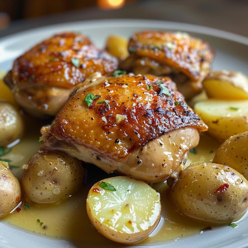 Close-up of garlic butter chicken and potatoes on a gray plate.