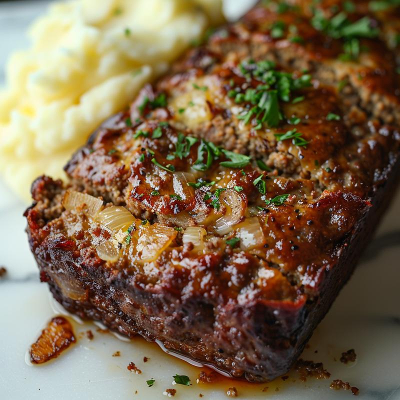 Close-up of meatloaf and mashed potatoes on white marble.
