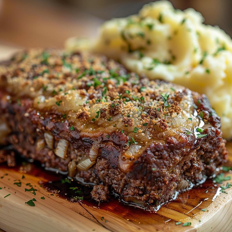 Close-up of meatloaf slice with mashed potatoes on wood board.