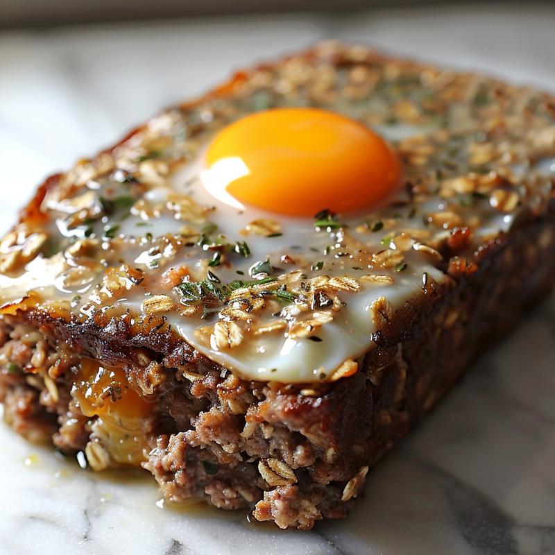Close-up of a meatloaf slice revealing oatmeal and herbs.