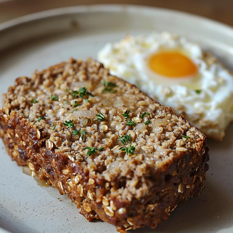 Close-up of meatloaf with oatmeal and herbs on a grey plate.