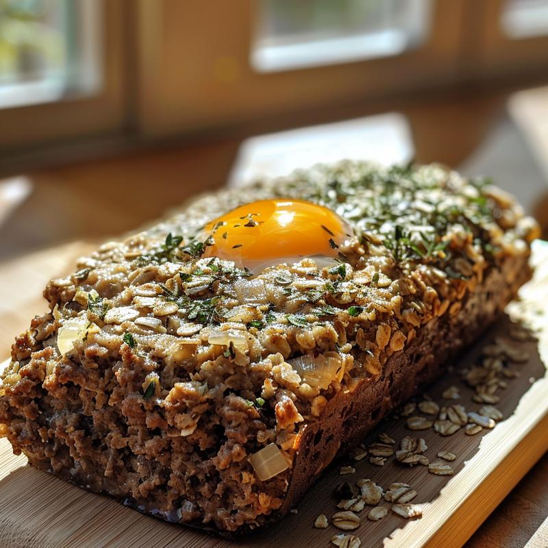 Close-up of meatloaf with visible oats and herb filling on a wooden board.
