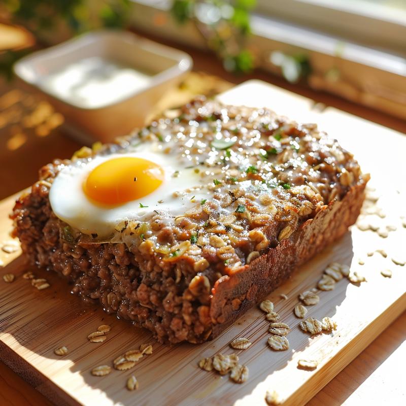 Close-up of meatloaf with visible herb filling on a wooden board.