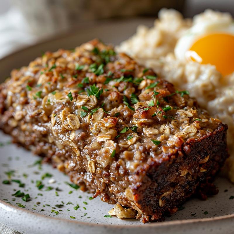 Close-up of meatloaf slice on a light grey plate.
