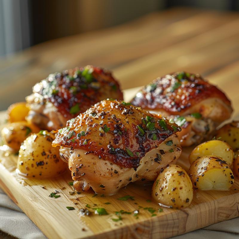 Close-up of golden garlic butter chicken and potatoes on a light wood surface.