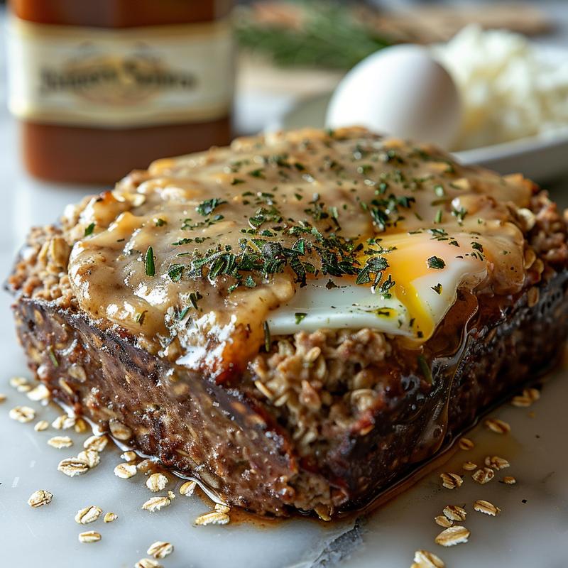 Close-up of meatloaf with oatmeal and herbs on marble.