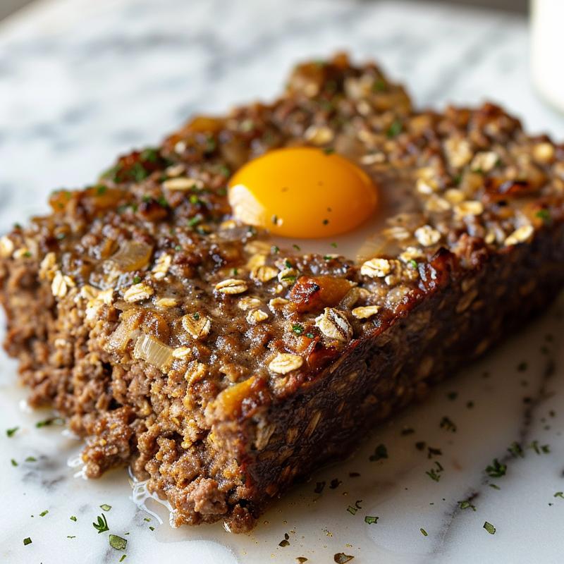 Close-up of meatloaf slice showing ground beef, oats, and herb filling.