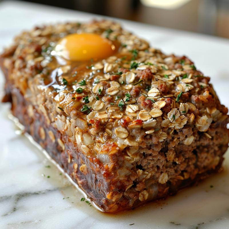 Close-up of a meatloaf slice showing visible herbs and oatmeal texture.