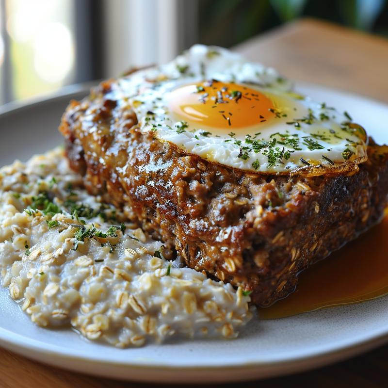 Close-up of a slice of meatloaf with visible oatmeal and herbs on a grey plate.