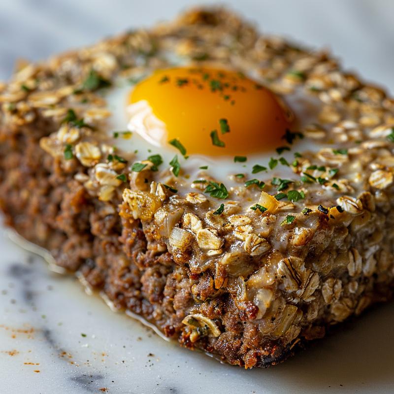 Close-up of a meatloaf slice with visible oatmeal and herbs on a white marble surface.