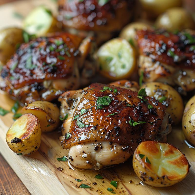 Close-up of garlic butter chicken and potatoes on a wooden board.