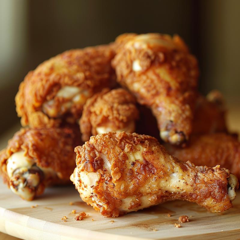Close-up of golden-brown fried chicken on wood.