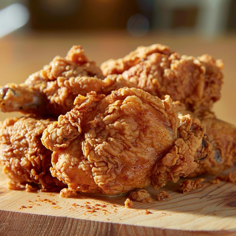 Close-up of golden-brown fried chicken on a light wood board.