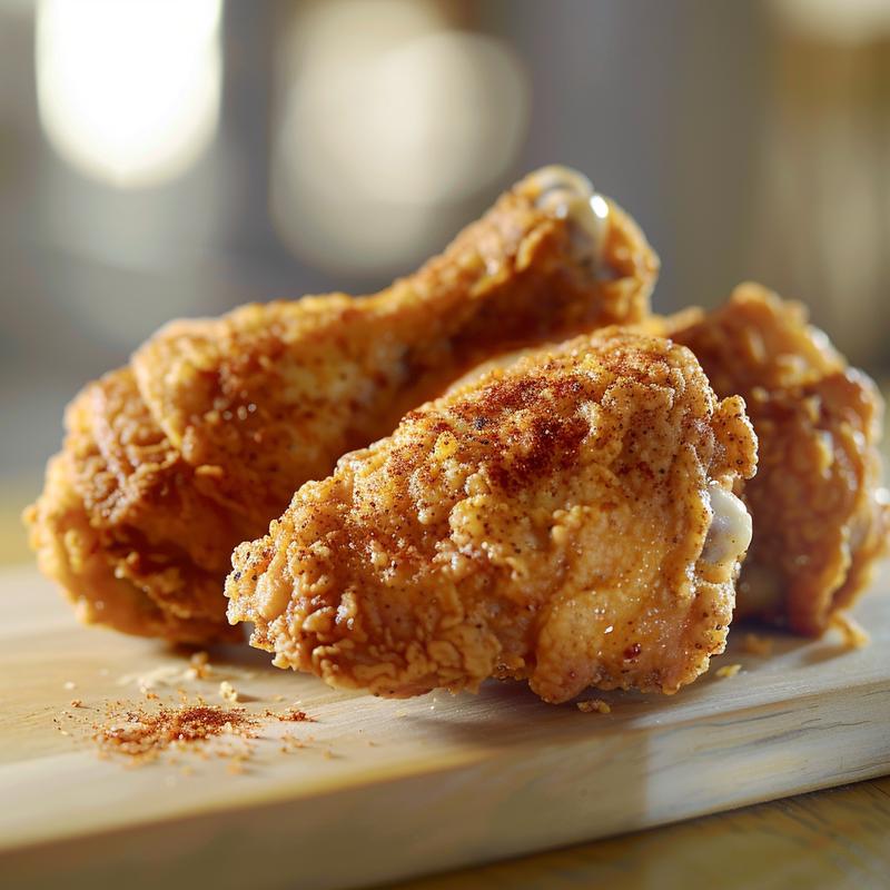 Close-up of golden-brown fried chicken on a wooden board.