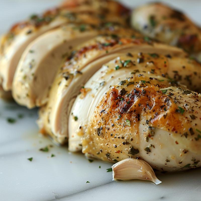 Close-up of a golden-brown whole chicken on white marble.