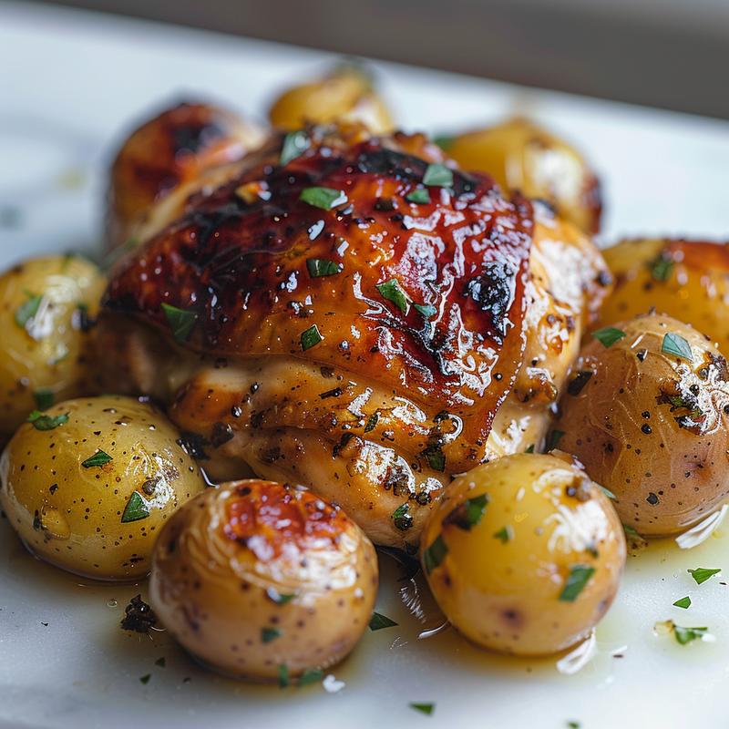 Close-up of garlic butter chicken and potatoes on marble.