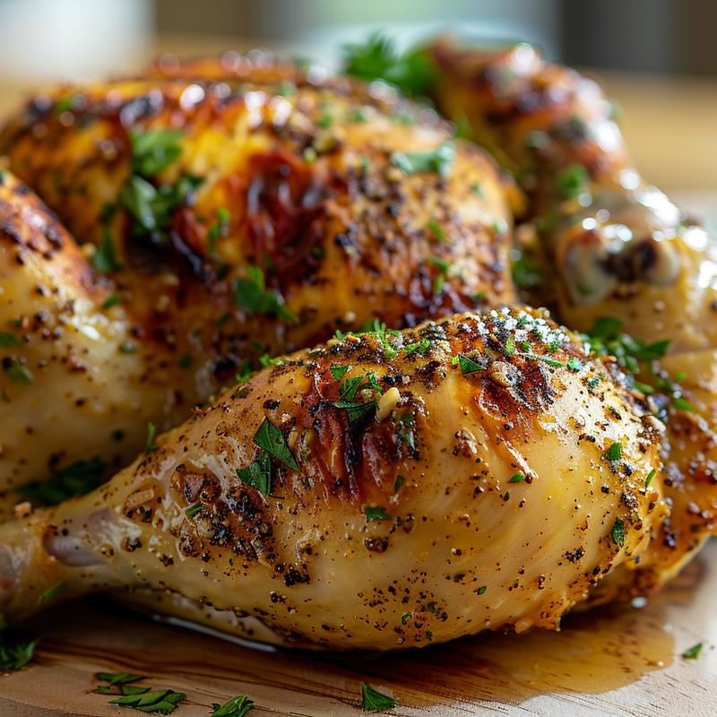 Close-up of golden-brown, garlic-butter-covered whole chicken on a wooden board.