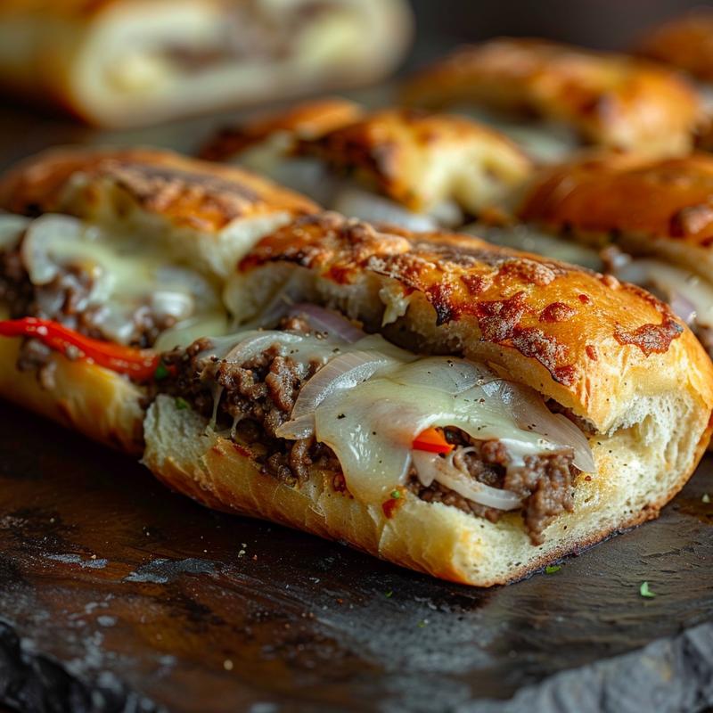 Close-up of keto Philly cheesesteak rolls showing beef, cheese, and vegetables.
