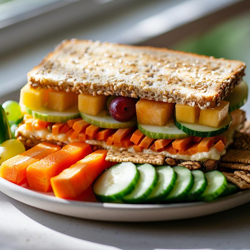 Close-up of a packed school lunch with a sandwich wrap, fruit, vegetables, snack, and drink on a light grey plate.