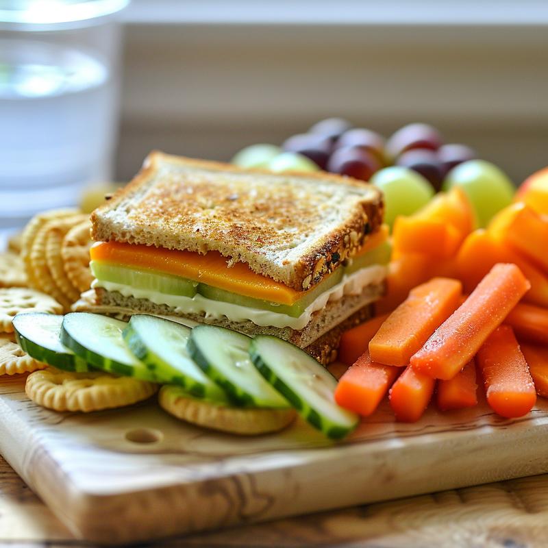 Close-up of a packed school lunch with sandwich wrap, fruit, veggies, snack, and drink.