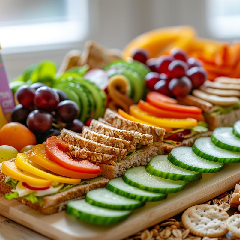 School lunch ingredients: wrap, fruits, veggies, snacks, drink.