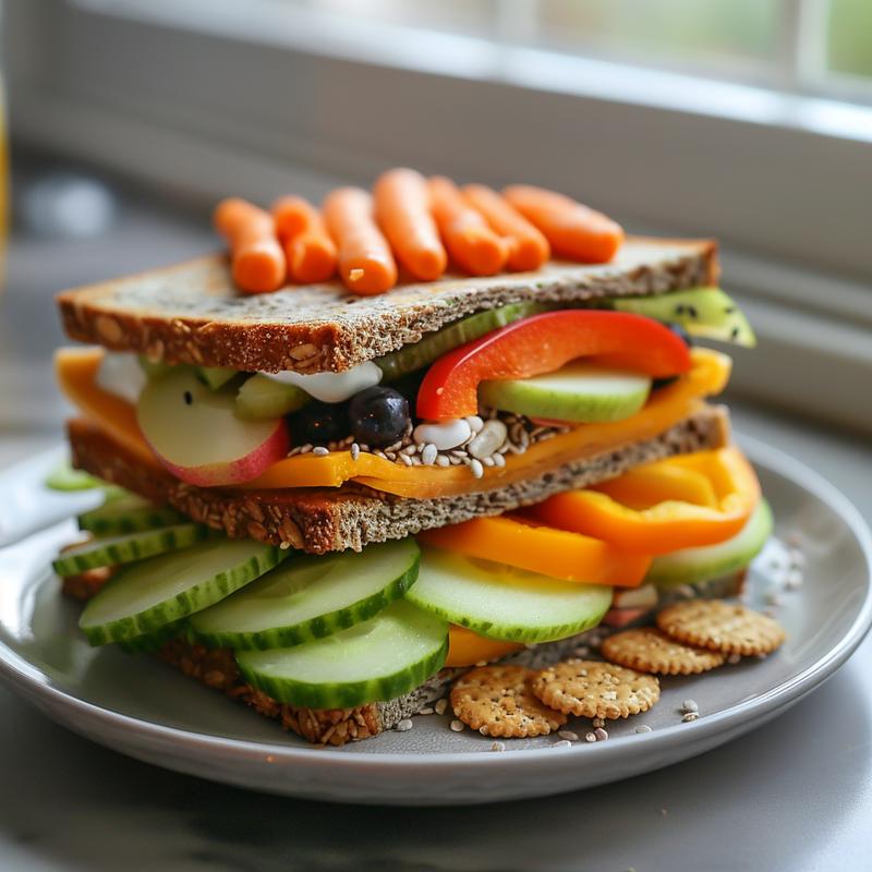 Close-up of a packed school lunch with sandwich wrap, fruit, veggies, snack, and drink on a light gray plate.