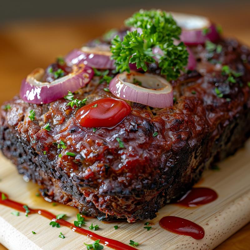 Close-up of meatloaf slice on a light wood board, lit with natural light.