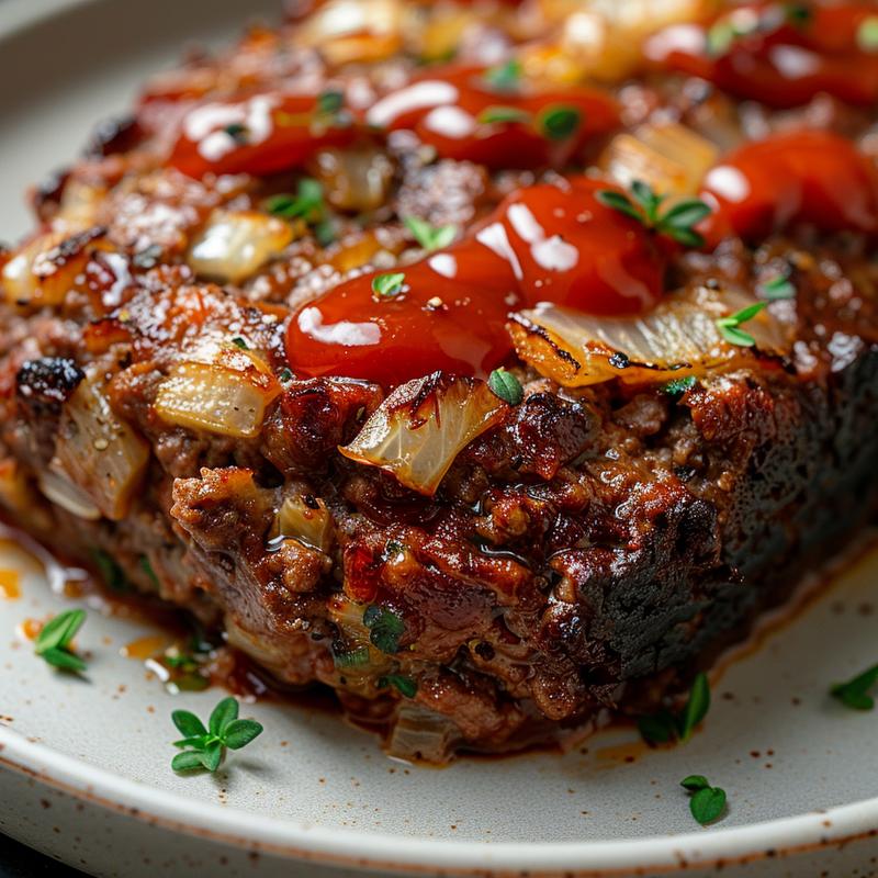 Close-up of sliced meatloaf on a gray plate.